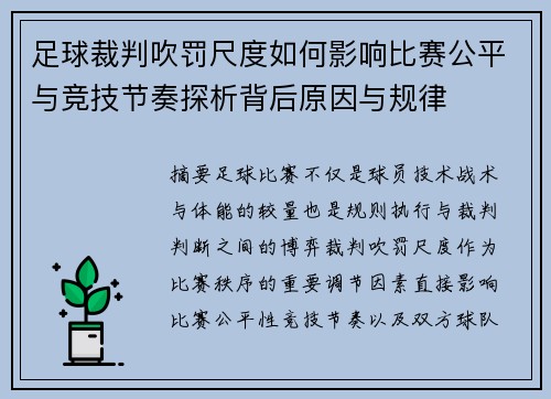 足球裁判吹罚尺度如何影响比赛公平与竞技节奏探析背后原因与规律